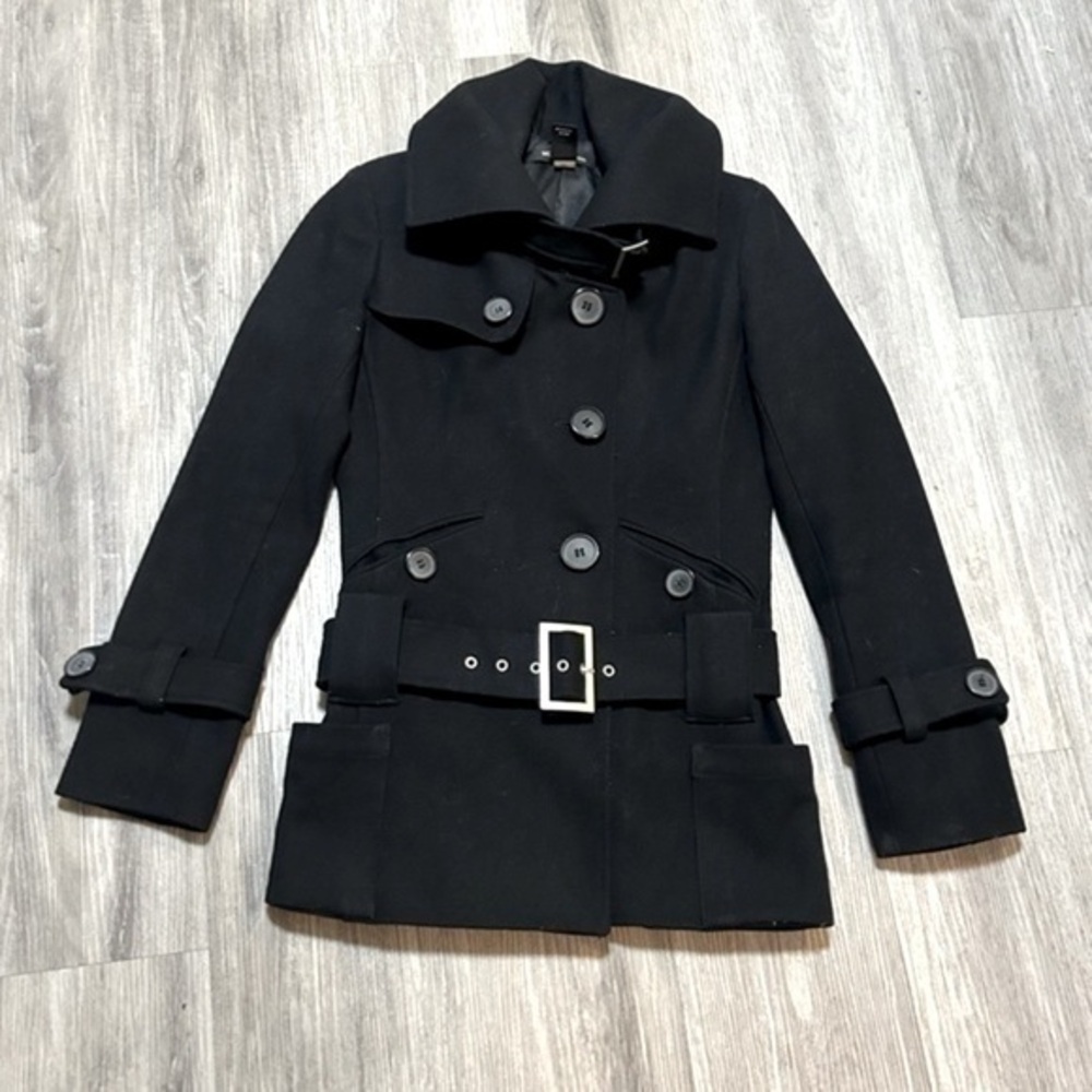 MODA International wool black belted button up pea coat jacket coat. EEUC